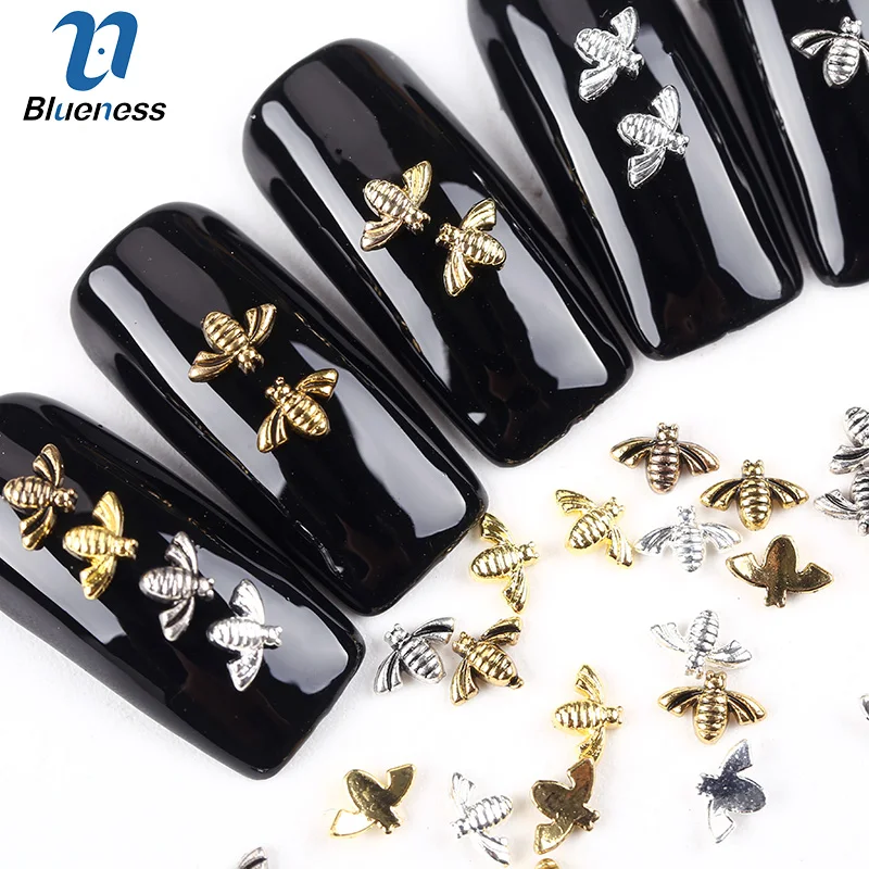 Blueness 10 шт./лот, золотые, серебряные 3D украшения для дизайна ногтей, металлические медные шпильки с пчелиным крылом для дизайна ногтей, подвески для маникюра, дизайна ногтей