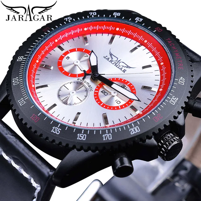 Jaragar спортивный гоночный дизайн черный натуральная кожа синий 3 циферблата армейские Механические Мужские автоматические наручные часы лучший бренд роскошные часы - Цвет: GMT1128-5