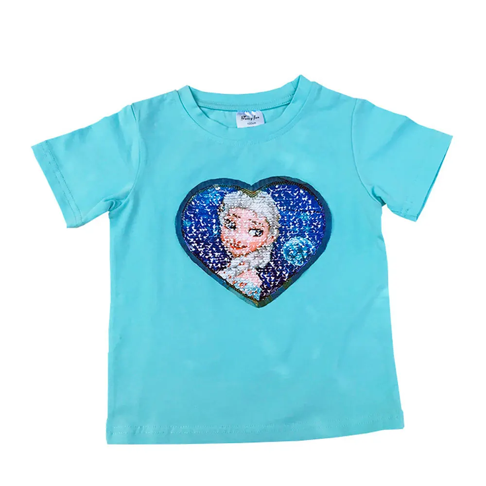 

Disney Elsa Princess Cartoon Pattern T-shirt Summer Girls With Sequins Discoloration Cotton Short-sleeved Girls Clothes