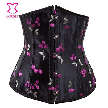

Black Satin Cherry Embroidery Underbust Sexy Corset Lingerie Women Waist Trainer Trainer Corsets Hot Taille Ausbildung Korsetts