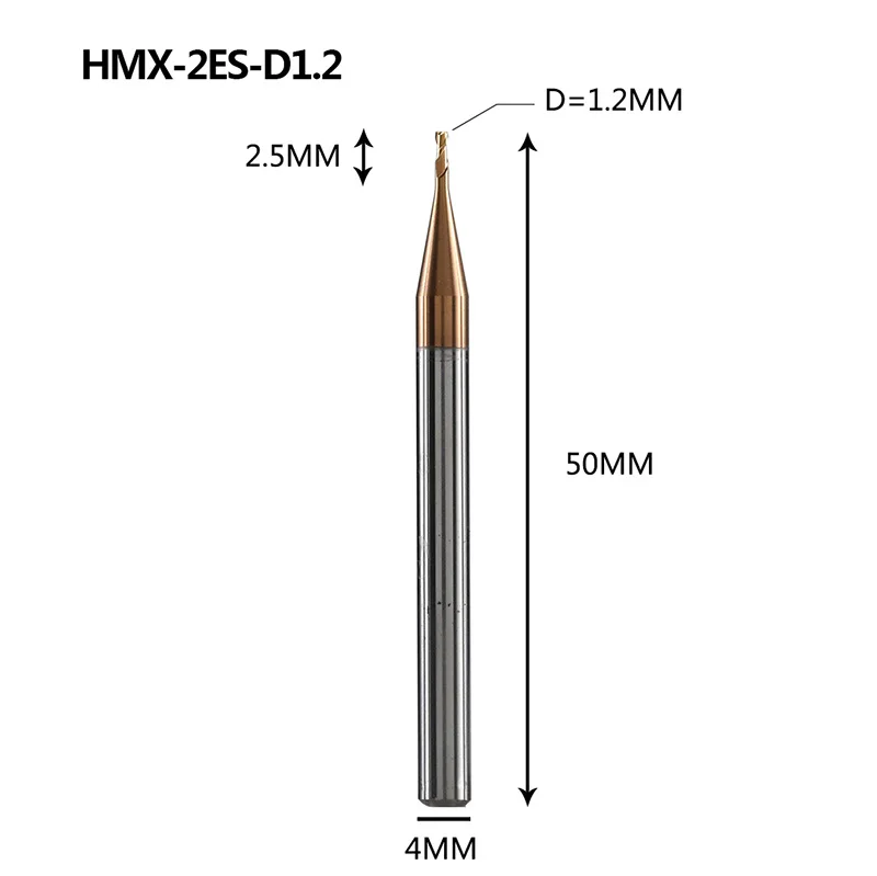 HMX-2ES твердосплавная 2 Флейта с нано покрытием крошечная Квадратная Головка Концевая фреза Фрезерный резак режущие инструменты для закаленной стали HRC68 - Длина режущей кромки: HMX-2ES-D1.2