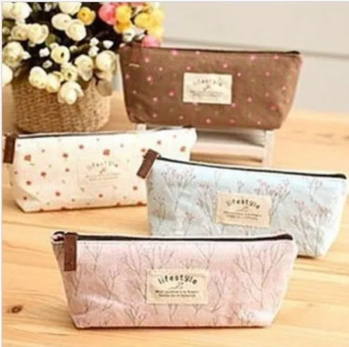 1PCS Cute Kawaii Floral Flower Canvas Zipper Cosmetic Bag Fabric Flower Tree Cosmetic Makeup Bags