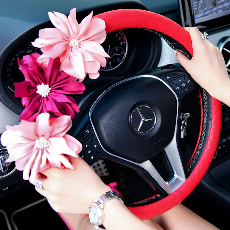 Auto-Car-Steering-Wheel-Cover-blue-Flower-Imitation-sheepskin-Diameter-38CM-Black-l31