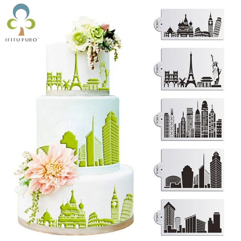 

2018 5pcs Building style Fondant Cake Decotrating Tool Sugercraft Stencil Spray Art Cake Mold Moylds Baking Mold Bakeware GYH