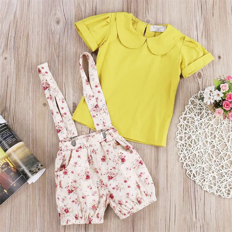 

Toddler Kids Baby Girls Flower Strap Shorts Outfits Pants AND T-shirt Tops  2PCS Set