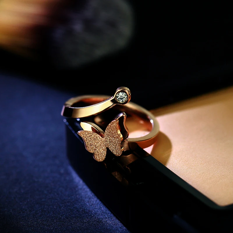 Top Brand Rose Gold Color Frosted Butterfly Ring for Woman Girl Wedding Jewelry Fashion 316L Stainless Steel Never Fade | Украшения и