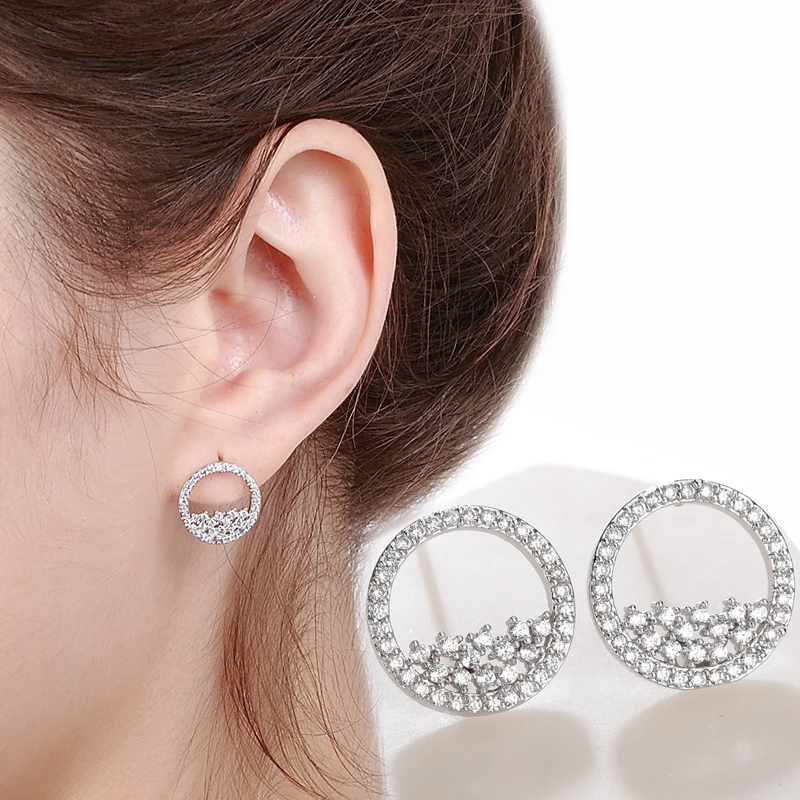 

Round Inlaid Zircon Silver Color Copper Stud Earrings For Women Female CZ Cubic Zircon Earrring