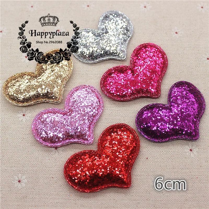 DIY 6 Piece Heart Applique for Crafting Sewing Gluing Decorate Kawaii Pads Glitter Fabric 15 x 20 mm Patches Patch Glitter Deco Dolls