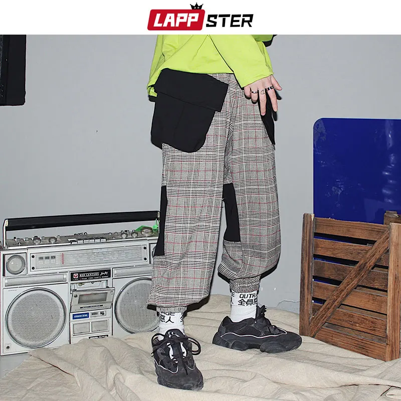

LAPPSTER Japanese Streetwear Patchwork Plaid Harem Pants Men 2019 Mens Hip Hop Sweatpants Male Harajuku Joogers Pants Trousers