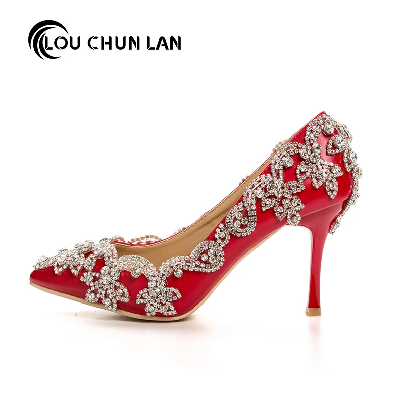 

LOUCHUNLAN Women Shoes Pumps Pointed Toe Spring Red Strap Rhinestone Shallow Mouth Wedding Shoes Party Elegant High Heels