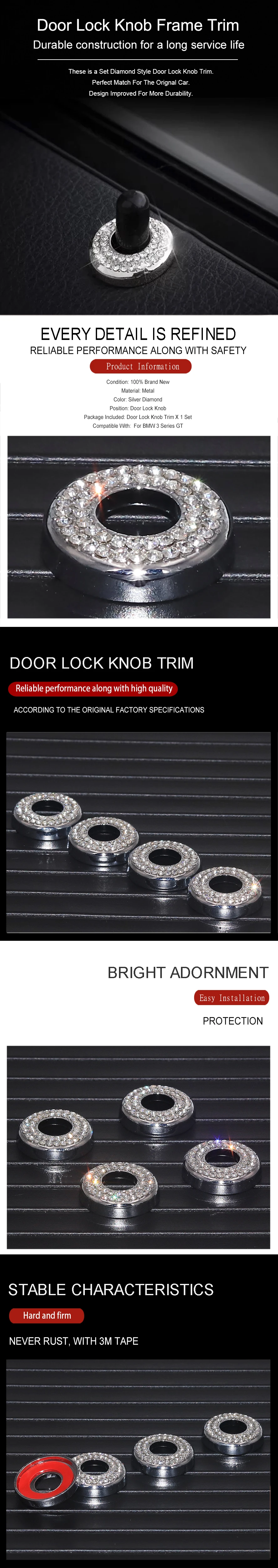 Wooeight 4PcsSet Silver Diamond Style Door Lock Knob Pins Cover Frame Trim Car Interior Stickers For For BMW 3 Series GT (8)