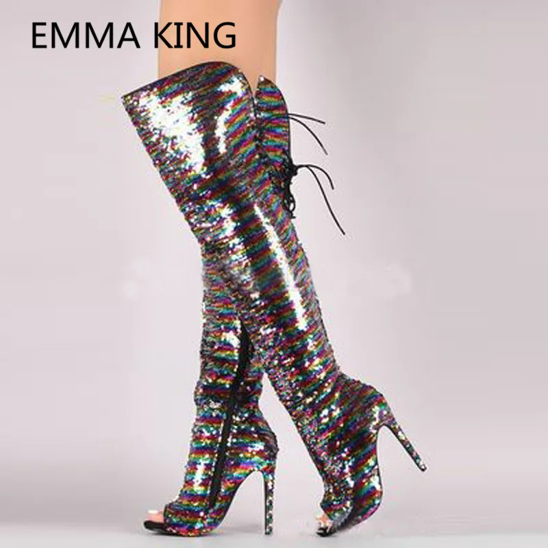 

2019 Glitter Bling Women Summer Over The Knee Boots Peep Toe Ladies Pleated Shoes Sexy High Heels Woman Gladiator Sandals Boots