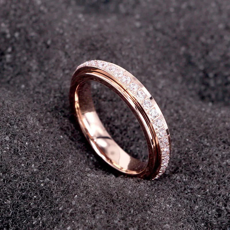 New Design Rotatable Shiny Zircon Ring Titanium Steel Top Quality Woman Wedding Promise Jewelry Love Brand Anillo Gift | Украшения и