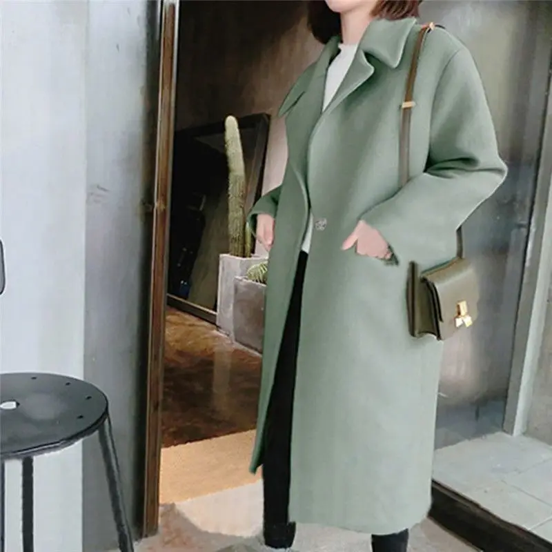 Women Solid long Coat Long Sleeve Pocket Wool Blend Coat UK Version Autumn Winter Classic Simple Wool Maxi Long Coat