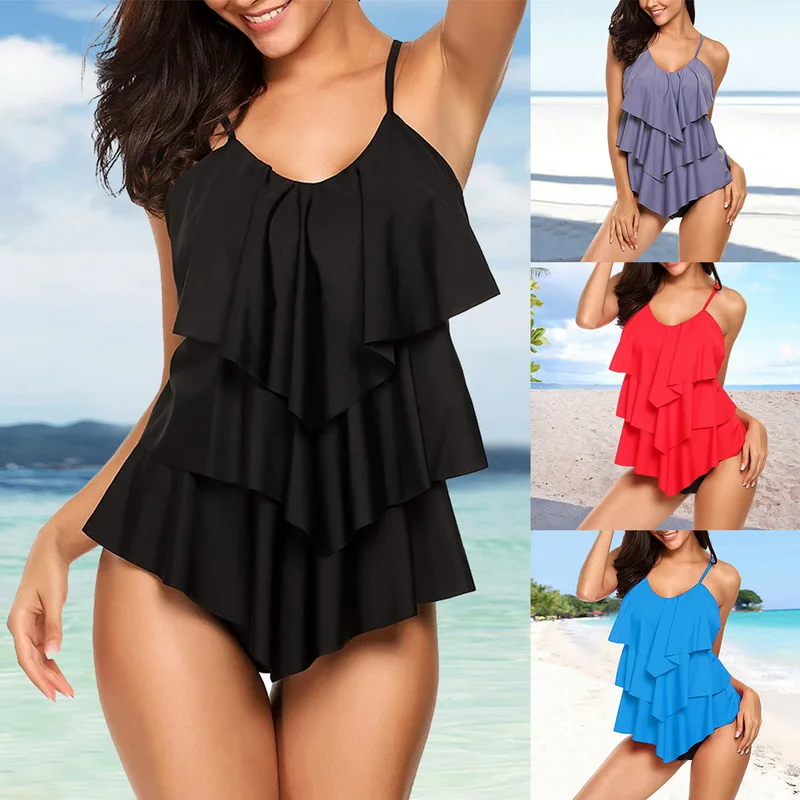

Swimwear Women Ruffle Two Pieces Suits Solid Color Plus Size Tankini Sets Thong Bottom Brazilian Swimsuits 2019 Mujer Bikini 2XL