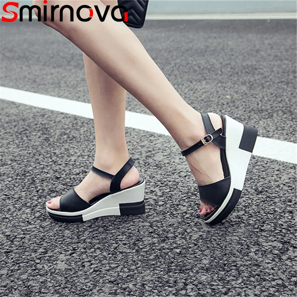 

Smirnova black white fashion summer new shoes woman buckle platform wedges shoes sandals women genuine leather shoes