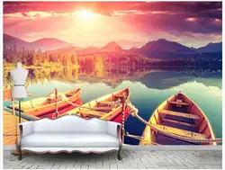 Фото обои Обои в гостиную 3D живописи Оригинальные ласковое солнышко Mountain озеро рефлекшн воды лодка фон