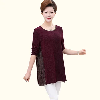 

Long knitting T-Shirt 2018 Spring Autumn New Loose Middle Age Mother Plus Size Women Knitted Long Sleeve Top Bottom Pullovers