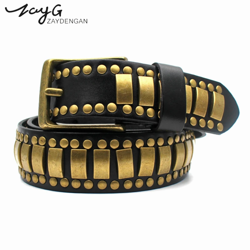 

ZAYG Fashion High Quality Punk Personality Genuine Leather Pin Buckle Belt Golden metal Studded Belt Vintage Wind Big Rivet Belt