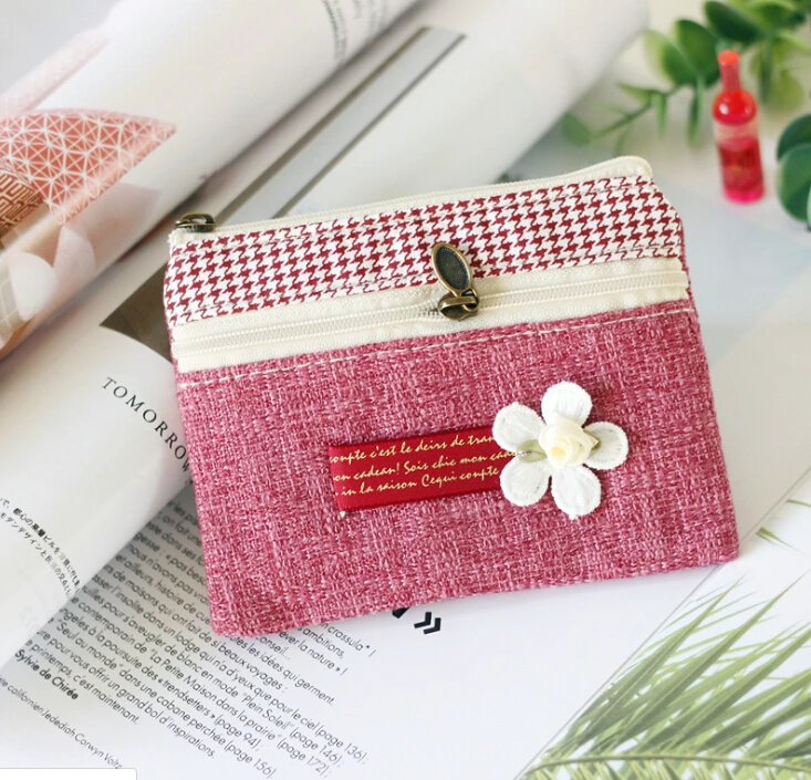 

Plain Cotton Double Pull Coin Bag Purse Girl Bag Ladies Brief Flower Coin Purses Wallet Mini Slim Card Wallet For Women 2019