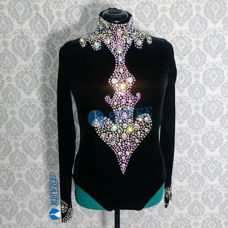 

Glisten Rhinestones Black velvet Bodysuit longsleeve High collar Women's Party Prom Bar Outfit Stage Female Singer Show Romper