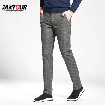 

jiantour New High Quality Cotton Men Pants Straight black gray Long lattice Male Business Casual Trousers man Full Length Mid