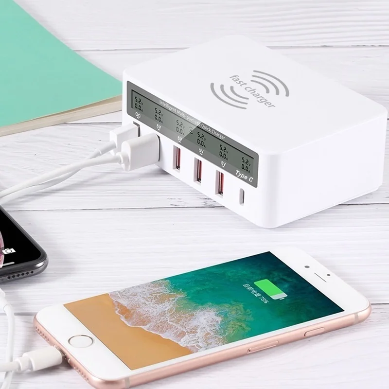 Tongdaytech Мульти USB Qi Беспроводное зарядное устройство для Iphone X XS MAX Quick Charge QC 3,0 ЖК-дисплей Быстрая зарядка Cargador Inalambrico