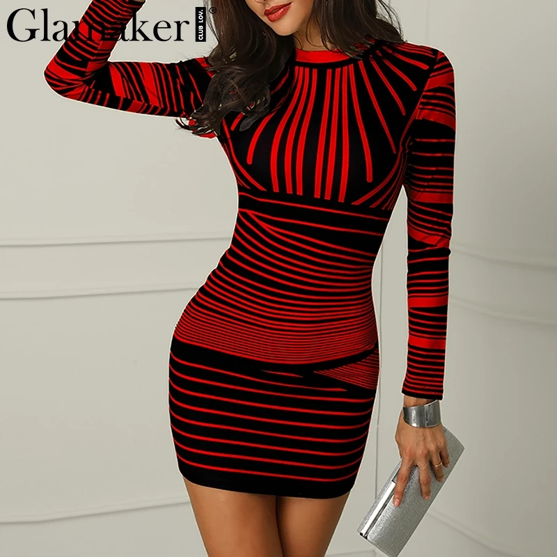 

Glamaker Striped bodycon sexy longsleeve mini dress Women office casual elegant spring short dress Summer female dress vestidos