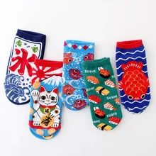 Для женщин носки с мультяшным рисунком креативный Рисунок кошка рыбы суши паттерн Art смешные носки Япония Мода Harajuku милые носки Calcetines