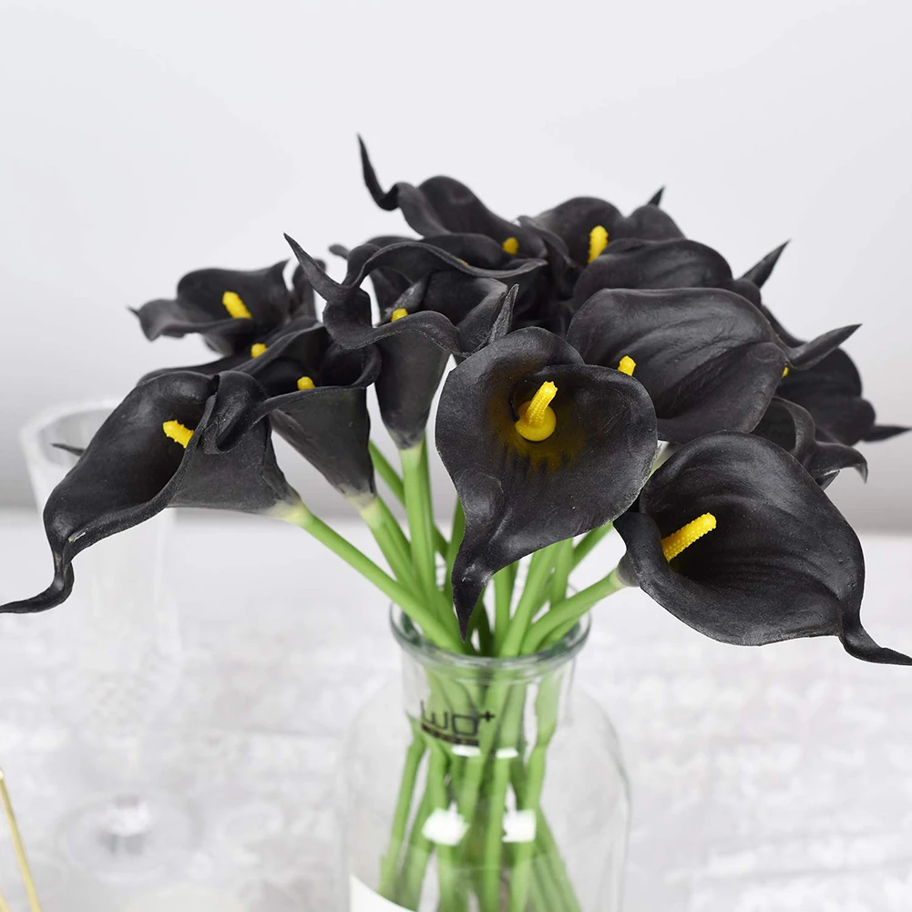 

20pcs Black Artificial Flower Calla Lily Artificial Bridal Wedding Bouquet Branch Latex Real Touch Wedding Decoration