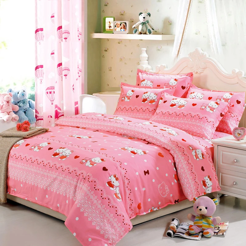 Cotton Bedding Sets Cartoon Hello Kitty 4pcs Set Bed Set Duvet