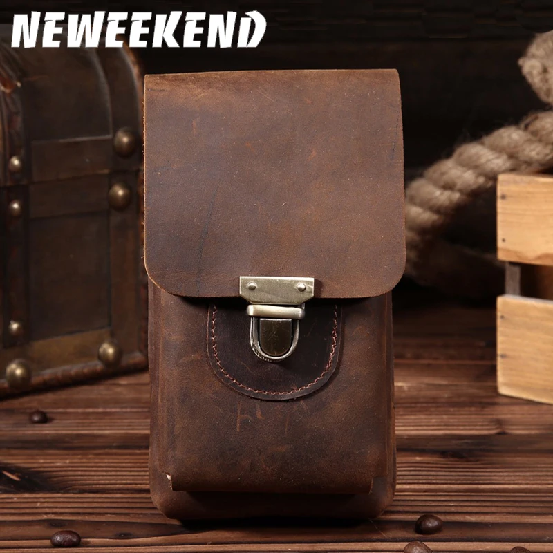 

NEWEEKEND 1125 Genuine Leather Crazy Horse Portable Small Hasp 7 inch Phone Cash Card Holder Waist Belt Bag for Man