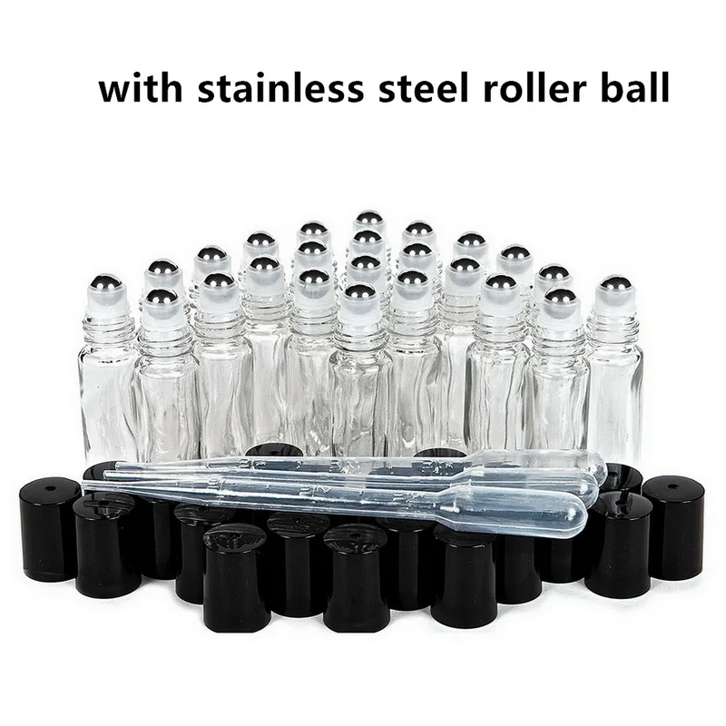 24 шт 10 мл простые прозрачные стеклянные бутылки в рулонах пустые бутылки из нержавеющей стали для эфирных масел ароматерапия духи - Цвет: Metal roller ball