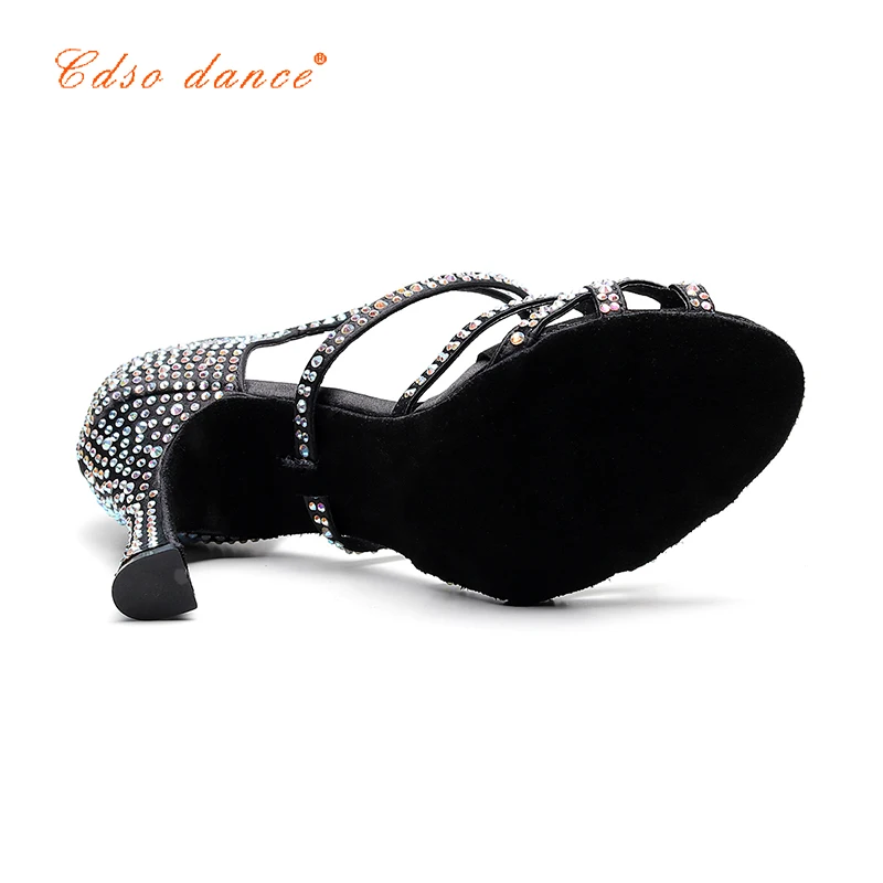 Cdsodance female black satin Latin dance shoes women's Rhinestones Salsa party Wedding shoes10cm high heeled soft outsole