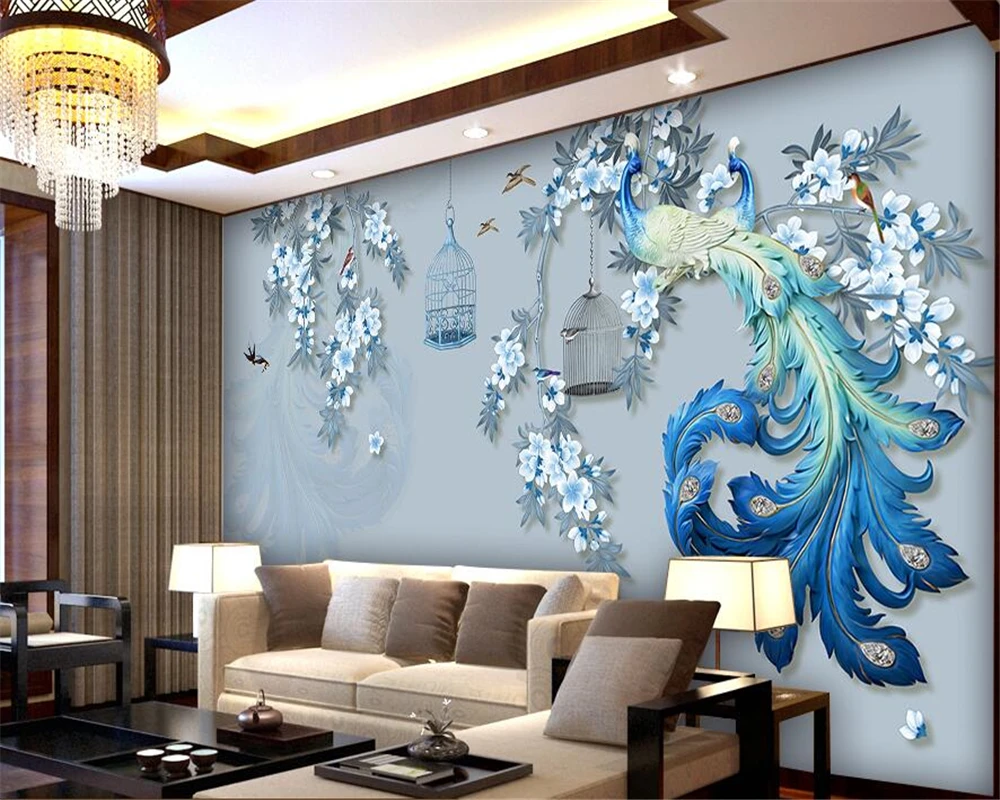 Us 81 46 Di Scontobeibehang Personalizzato Carta Da Parati Decorativa Domestica Murale Rilievo Del Pavone Coppia Dipinto A Mano Uccelli Blues Tv