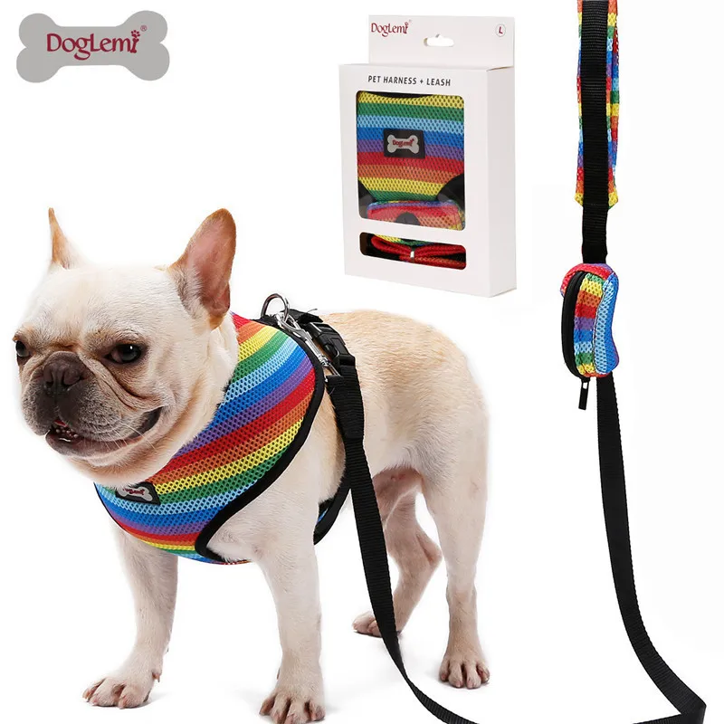 

Dog Harness Leash Set with Poop Bag Soft Breathable Rainbow Mesh French Bulldog Vest Adjustable Jogging Pet Leash Harness SP