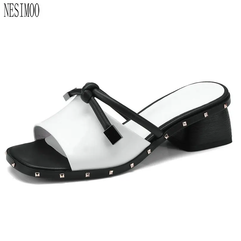 

NESIMOO 2018 Elegant Women Sandals Shoes Woman Genuine Leather Slingback Square Med Heel Ladies Wedding Shoes Size 34-42