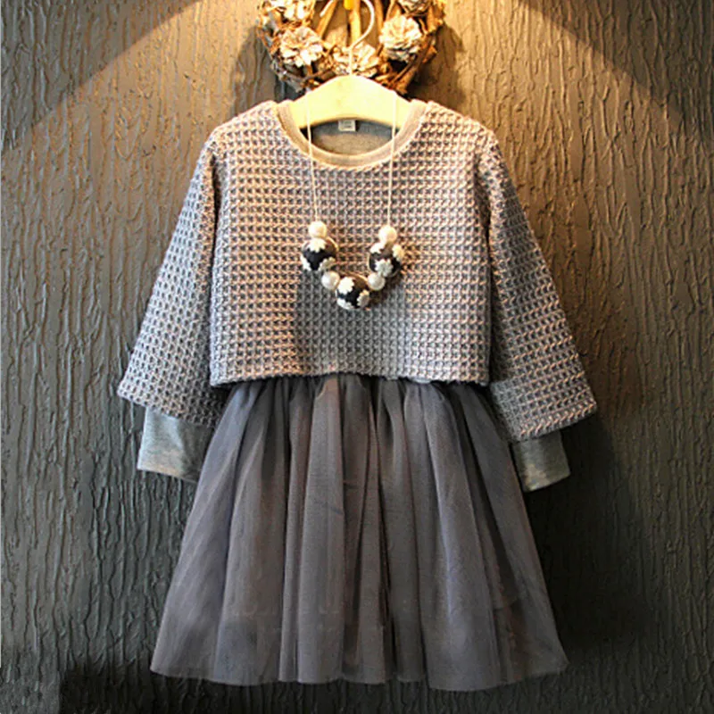 

2017 Spring Winter Girl Clothing set Children Long Sleeve Girls Grey Knitted Mesh Two Pieces Dress Kids Shirt Dresses Suit