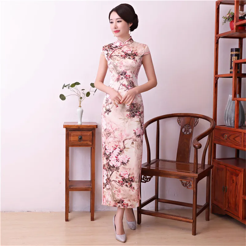 Pink Women Chinese Traditional Long Dress Sexy Rayon Handmade Button Cheongsam Vintage Print Floral Slim Ankle-Length Qipao