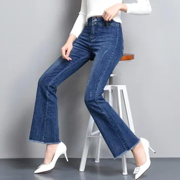 

Fall Spring Casual Woman High Waisted Bleached Tassel Ripped Stretch Flare Jeans Pants , Vintage Womens Skinny Denim Trousers