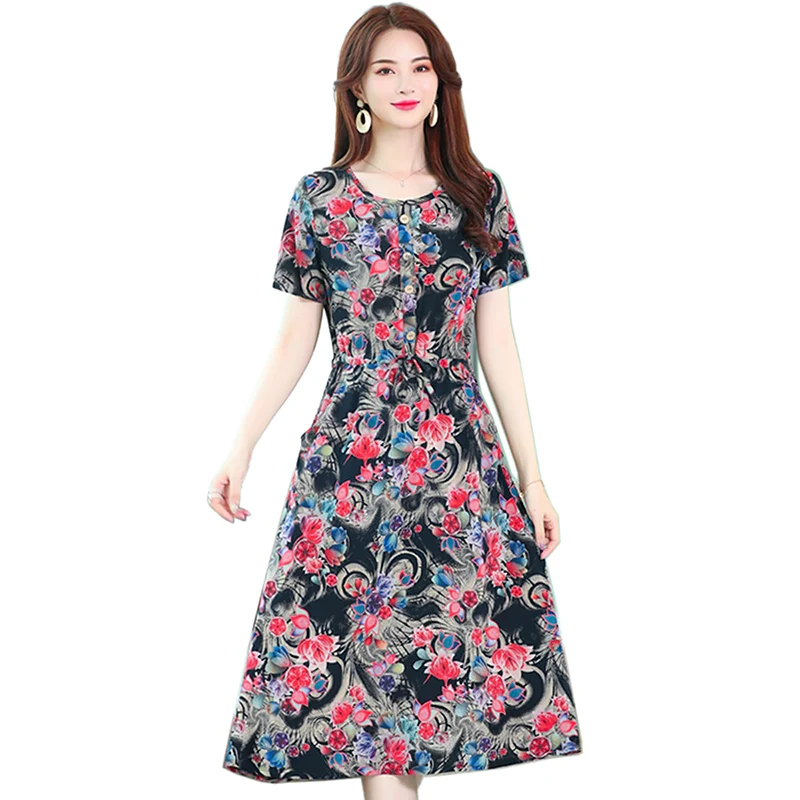 

Women Vintage Flower Printed A-line Party Dress Short Sleeve O neck Casual long Dress 2019 Summer Fashion Women Dress Vestido