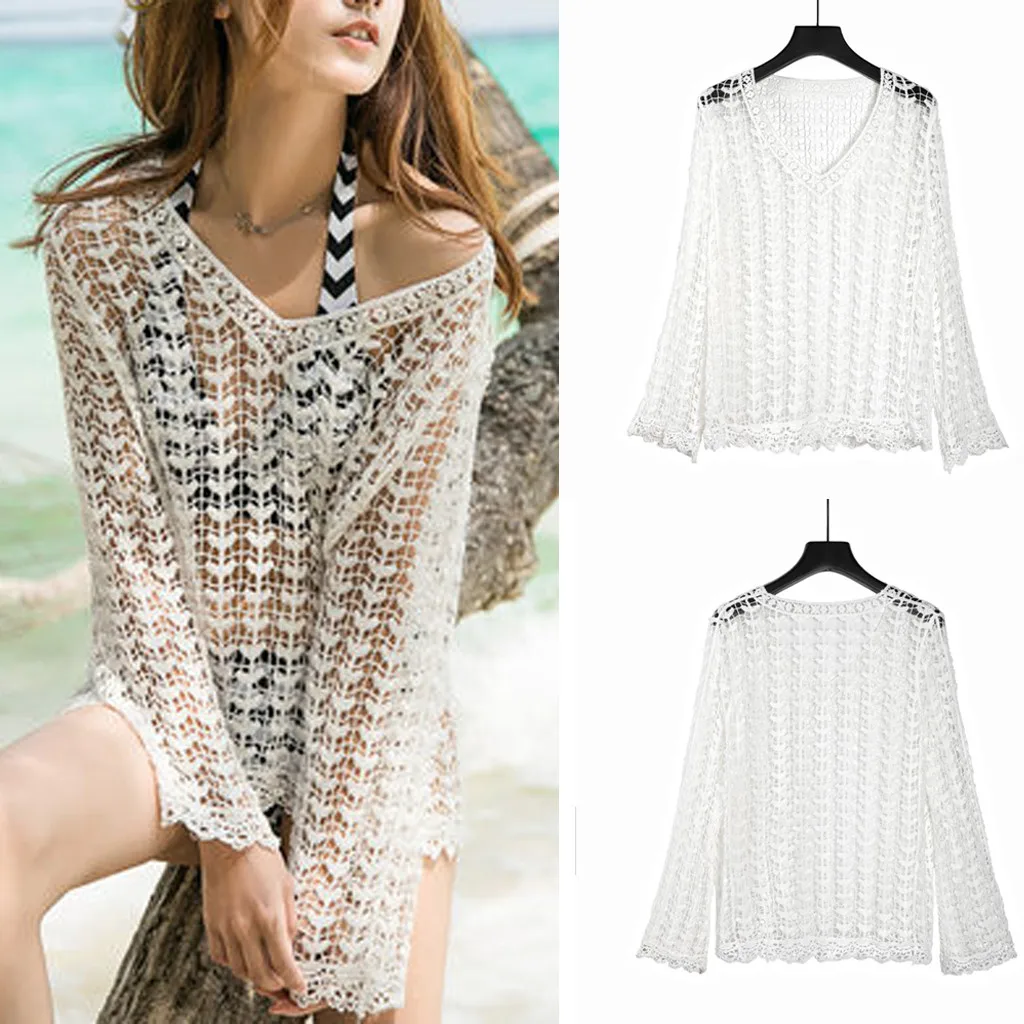 Womail Cover-UpS Women Sexy Long Sleeve Lace Hollow Out Swimwear Beach Loose Bikini Cover Up Dress Swimsuit Loose Pareo W3044