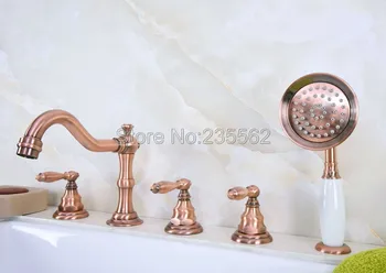 

Antique Red Copper 5 Hole Roman Bathtub Faucet Tap &Handheld Shower Deck Mounted lna228