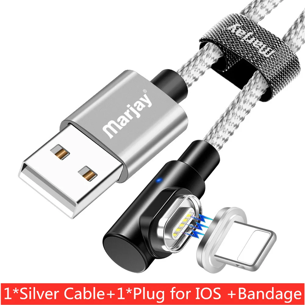 Marjay Магнитный USB кабель 90 градусов 3A быстрое зарядное устройство Micro usb type C кабель для iPhone Samsumg Xiaomi huawei кабели для мобильных телефонов - Цвет: Silver For iPhone