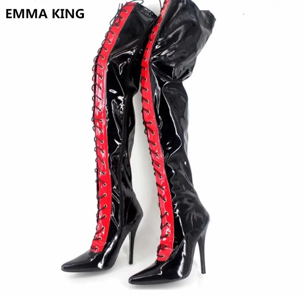 

Woman Black High Boots Thin High Heels Pointed Toe Stage Sexy Long Boots Shoes