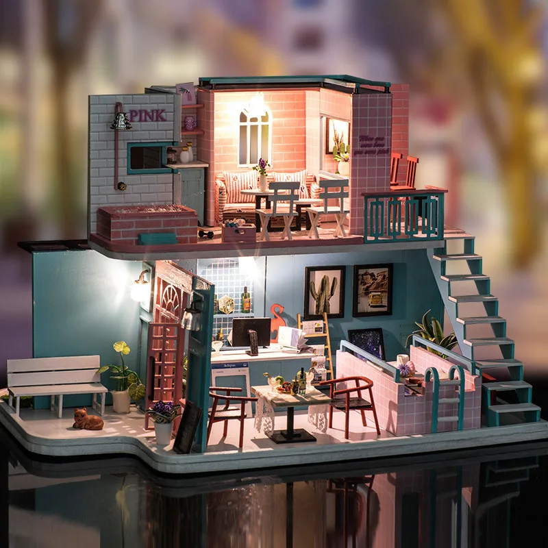 

Handmade Pink Cafe Dollhouse Furniture Diy Miniature 3D Wooden Miniaturas Dollhouse Toys for Girls Birthday Gifts