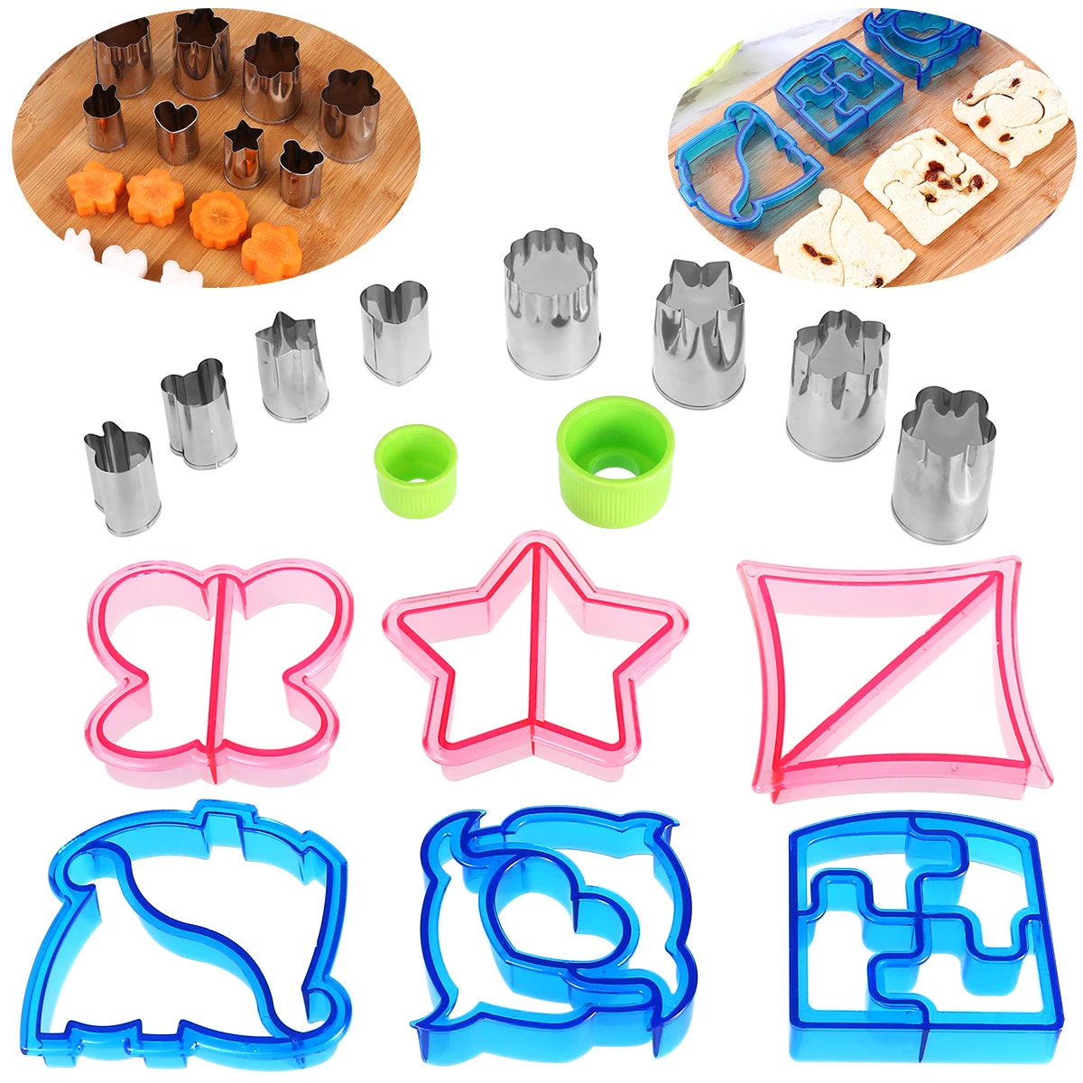 

8pcs Stainless Steel Sandwich Cutters Set Vegetable Molds and 6pcs Plastic Bread Cutters and 2pcs Handles Kitchen Baking Tools