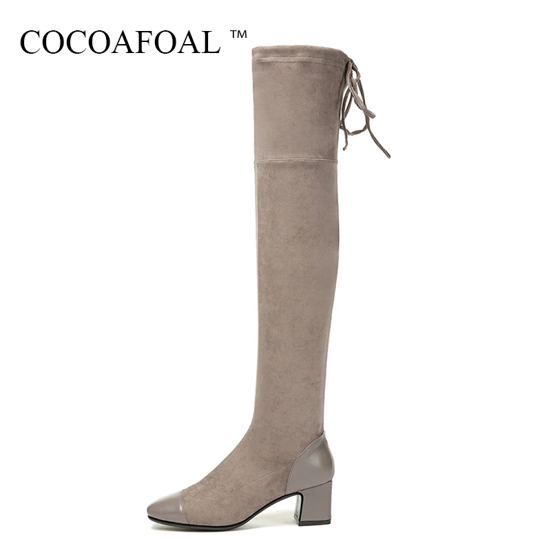 

COCOAFOAL Genuine Leather Thigh Lace Up High Boots Black Women High Heeled Boots Plus Size 41 Winter Zipper Over The Knee Boots