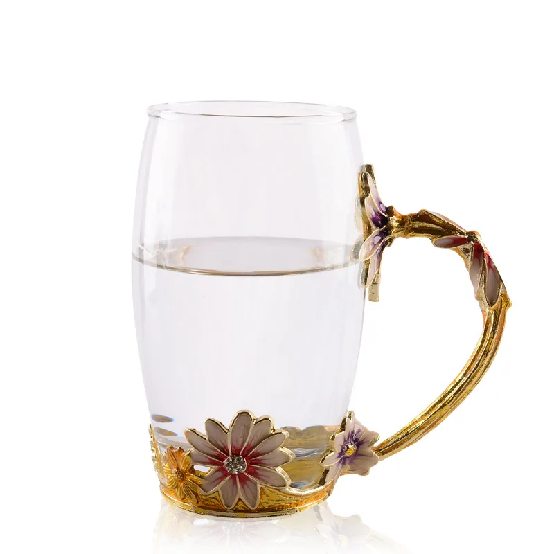 Новая стеклянная эмалированная чайная чашка кофейная кружка идеального качества подарок на день рождения Хризантема креативная чашка, бутылка для воды подарки на день Святого Валентина - Цвет: Tall cup