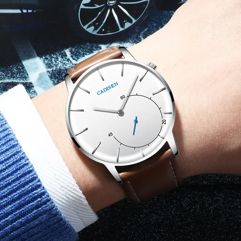 

CADISEN Men's Ultra Thin Minimalism Quartz Watches Fashion Leather Strap Waterproof Business Wristwatch for Man L2029 Brown
